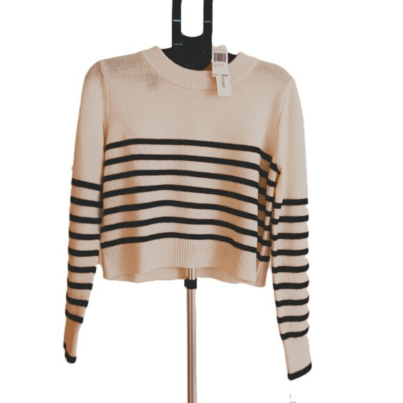 Cashmere Cream & Black Stripe Crop Sweater Cabincore Scandigirl Cozy Size L NWT - Picture 2 of 16